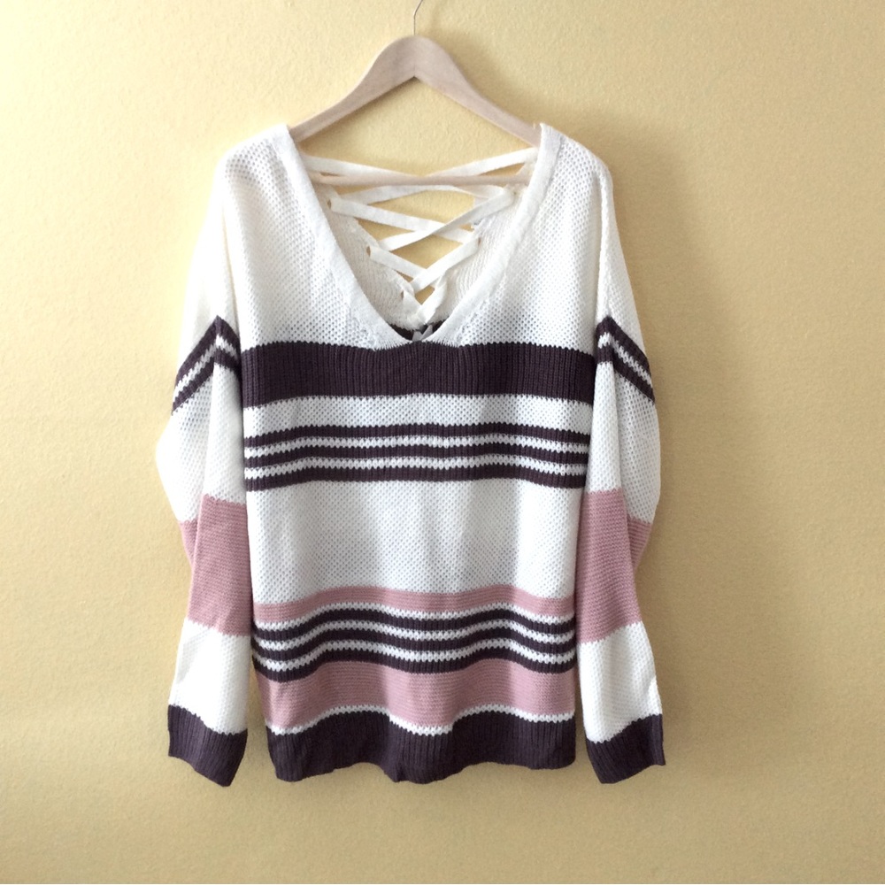 NWT Full Circle Trends Striped Knit V-Neck Sweater Lace Up Back 2X Cozycore